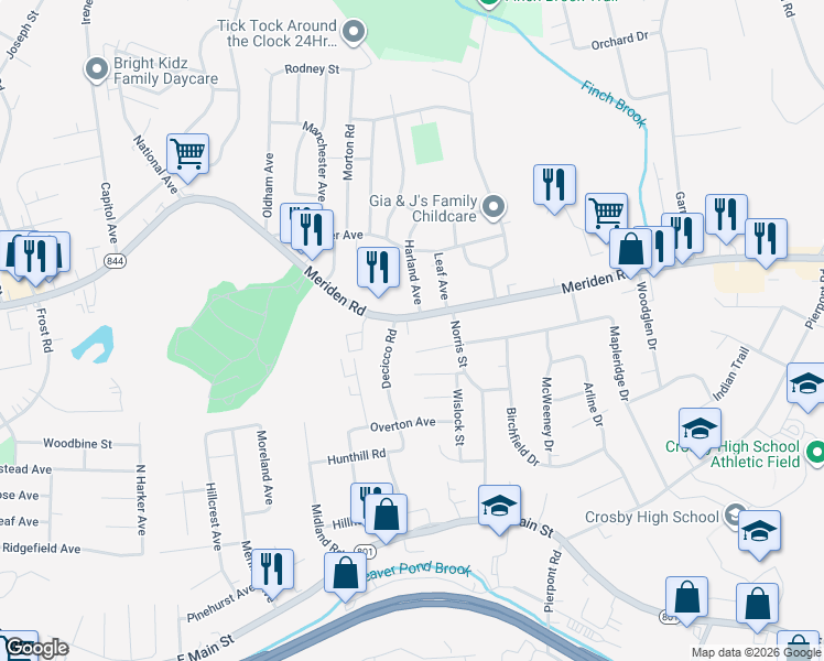 map of restaurants, bars, coffee shops, grocery stores, and more near 1038 Meriden Road in Waterbury