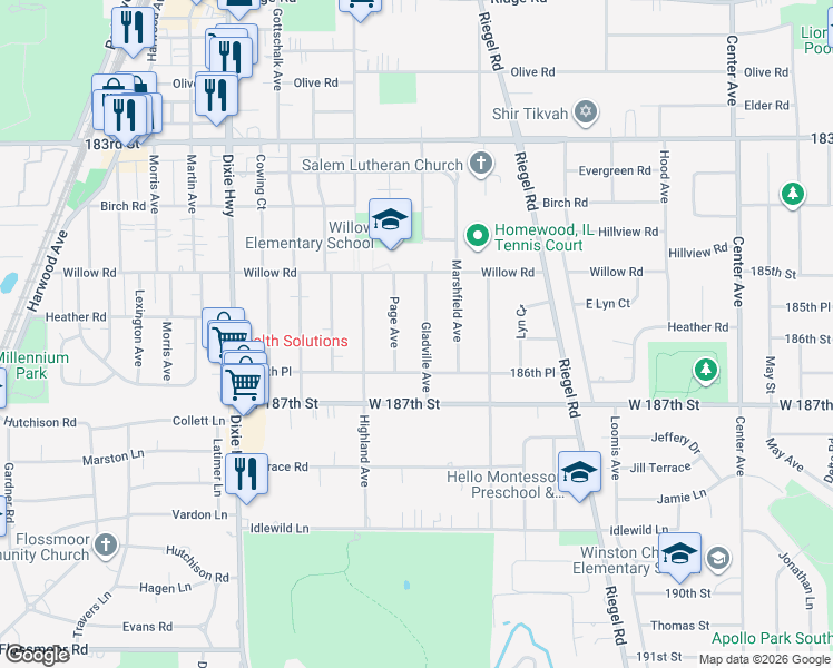 map of restaurants, bars, coffee shops, grocery stores, and more near 18625 Page Avenue in Homewood