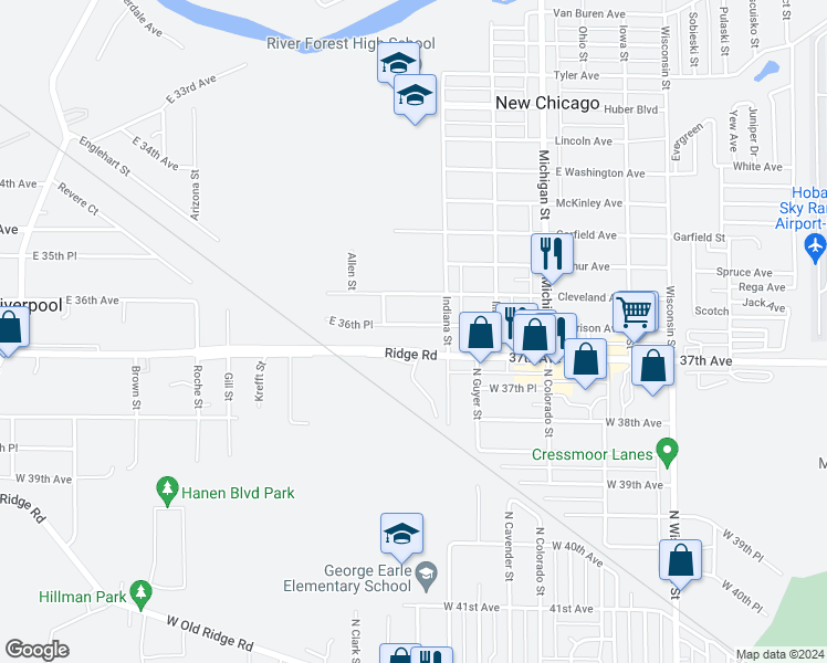 map of restaurants, bars, coffee shops, grocery stores, and more near 903 East 36th Place in Hobart