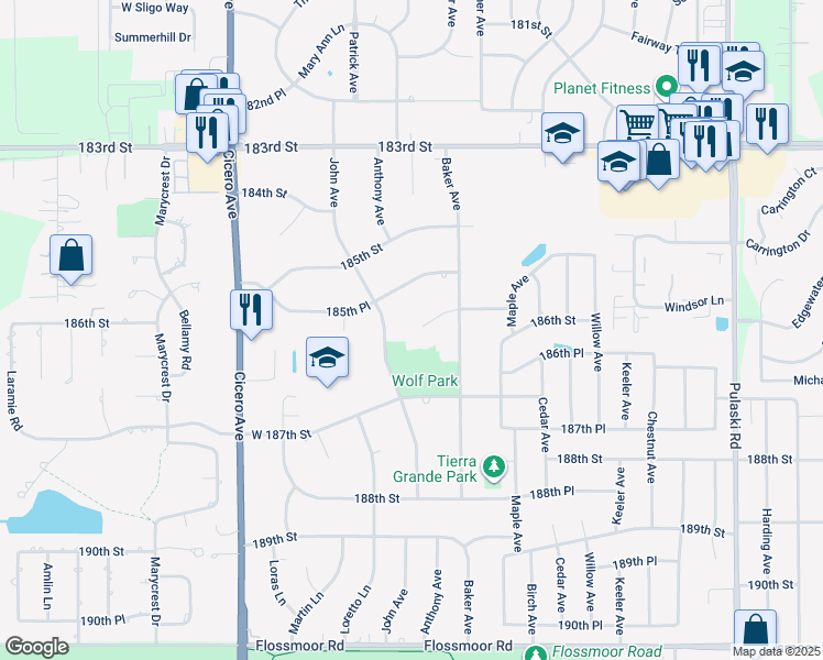 map of restaurants, bars, coffee shops, grocery stores, and more near 4470 186th Street in Country Club Hills