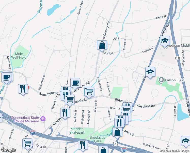 map of restaurants, bars, coffee shops, grocery stores, and more near 677 N Colony St in Meriden