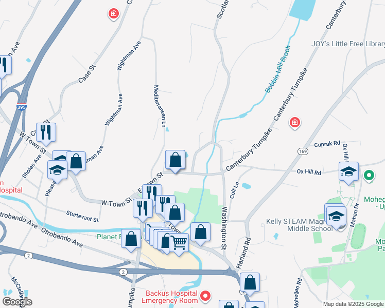 map of restaurants, bars, coffee shops, grocery stores, and more near 16 Huntington Lane in Norwich