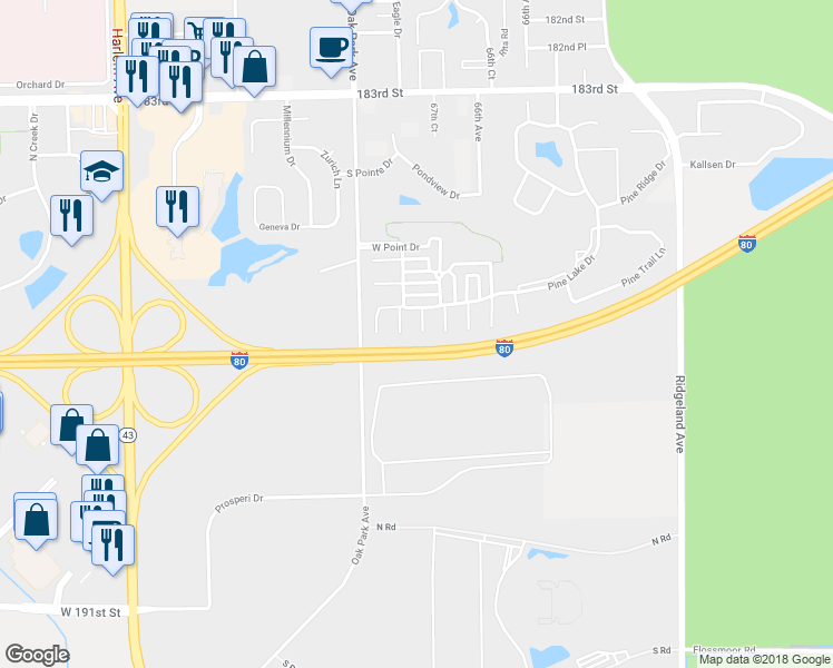 map of restaurants, bars, coffee shops, grocery stores, and more near 6731 Pine Lake Drive in Tinley Park