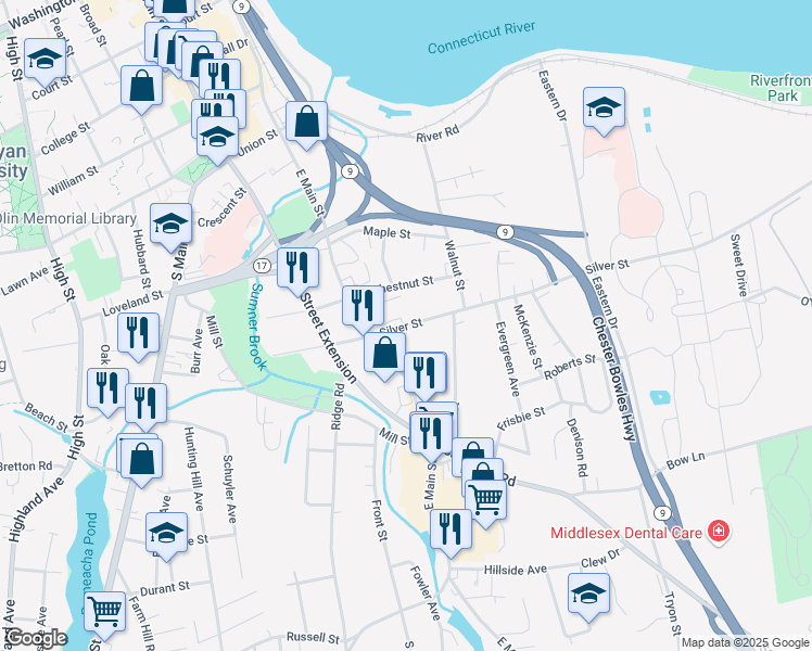 map of restaurants, bars, coffee shops, grocery stores, and more near Silver Street & Elm Street in Middletown
