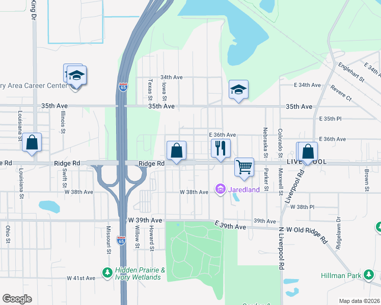 map of restaurants, bars, coffee shops, grocery stores, and more near 2500 E 37th Ave in Lake Station