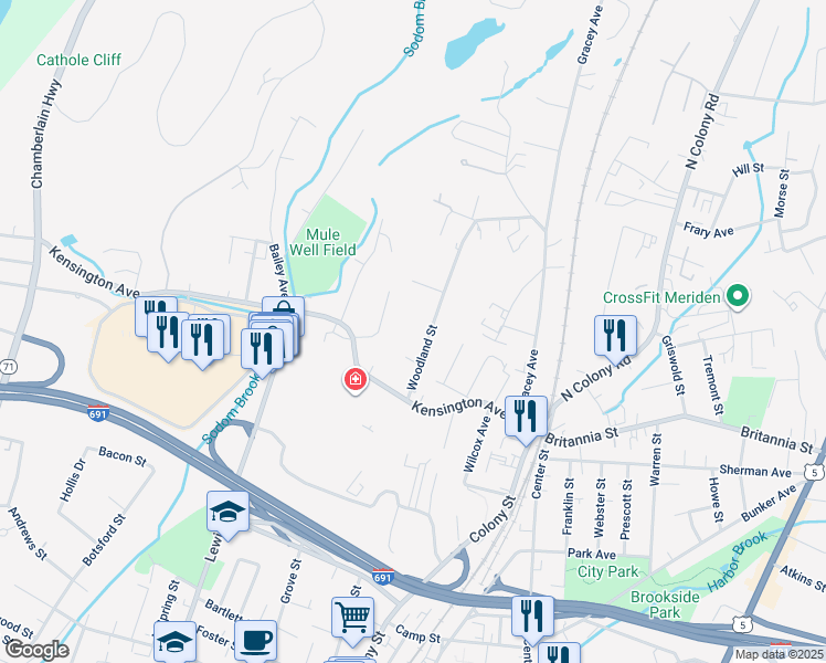 map of restaurants, bars, coffee shops, grocery stores, and more near 60 Woodland Street in Meriden