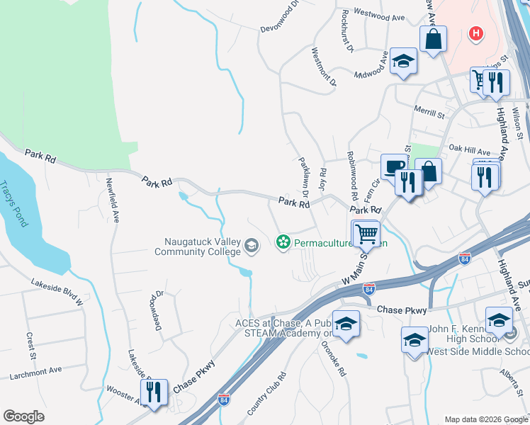 map of restaurants, bars, coffee shops, grocery stores, and more near 34 Terrell Road in Waterbury