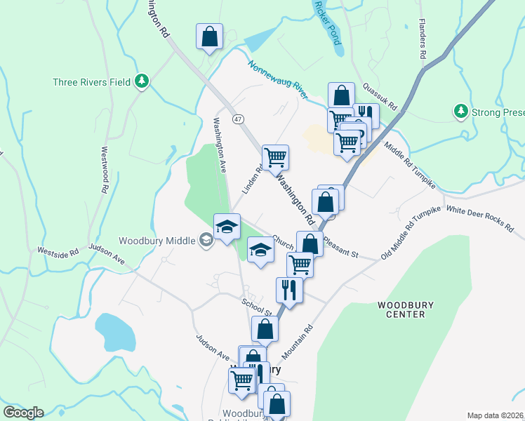 map of restaurants, bars, coffee shops, grocery stores, and more near 40 Church Street in Woodbury