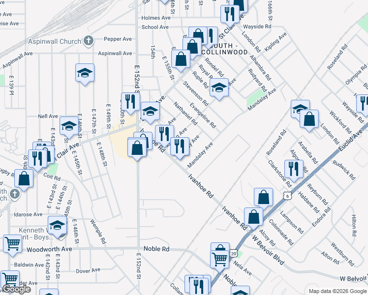 map of restaurants, bars, coffee shops, grocery stores, and more near 15624 Halliday Avenue in Cleveland