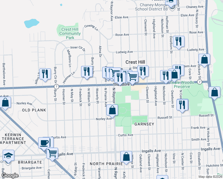 map of restaurants, bars, coffee shops, grocery stores, and more near 1516 North Prairie Avenue in Joliet