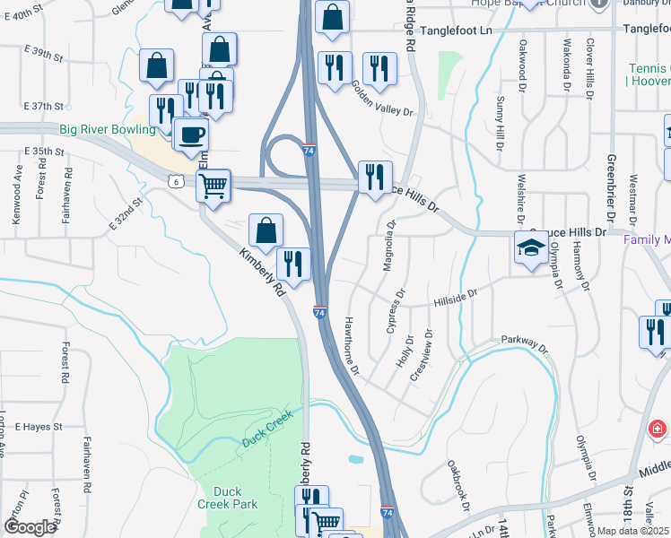 map of restaurants, bars, coffee shops, grocery stores, and more near 810 Hillside Drive in Bettendorf