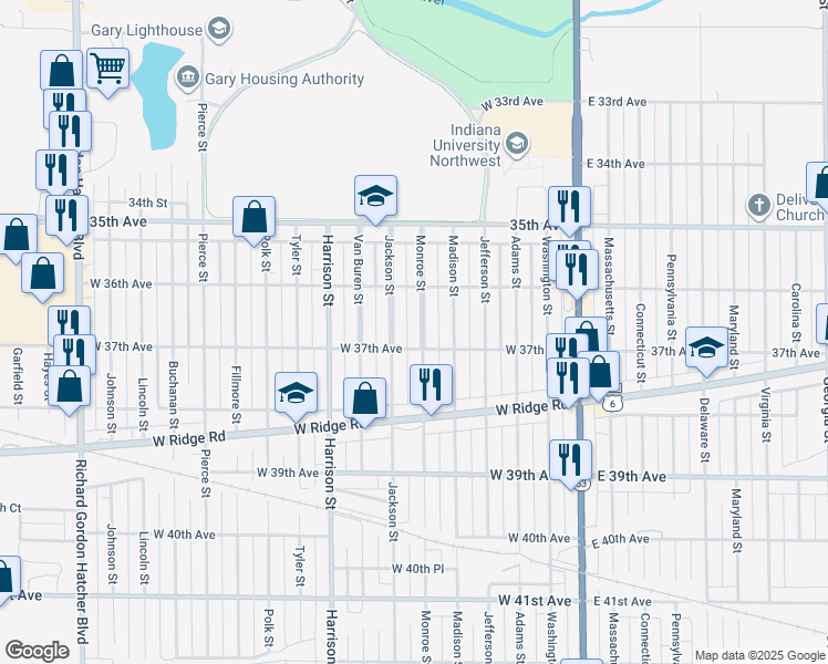 map of restaurants, bars, coffee shops, grocery stores, and more near 3666 Monroe Street in Gary