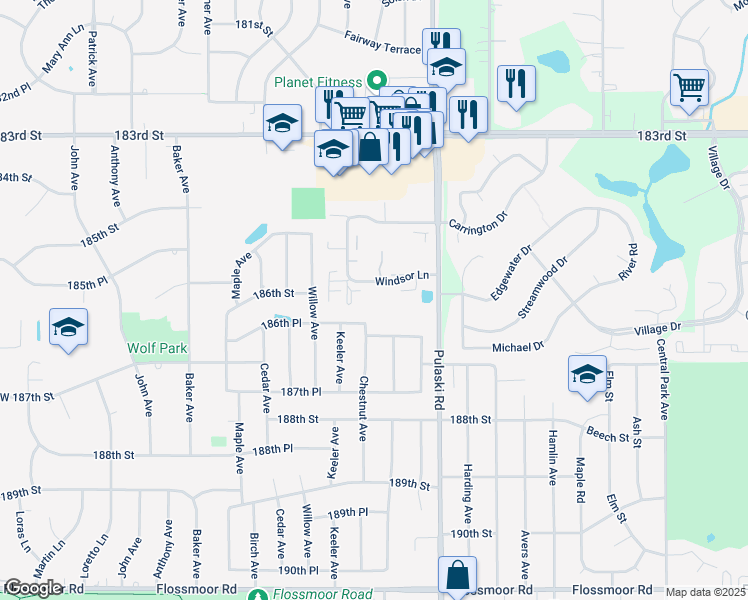 map of restaurants, bars, coffee shops, grocery stores, and more near 18601 Crawford Avenue in Country Club Hills