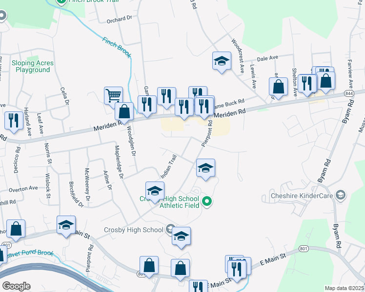 map of restaurants, bars, coffee shops, grocery stores, and more near 50 Timber Lane in Waterbury