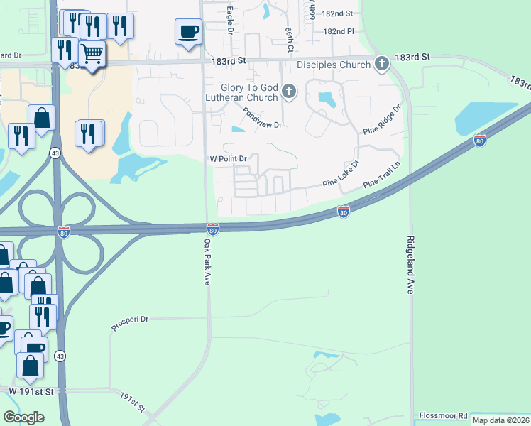 map of restaurants, bars, coffee shops, grocery stores, and more near 6669 Pine Lake Drive in Tinley Park