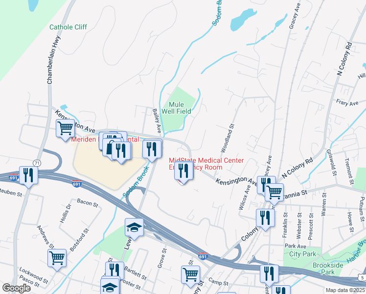 map of restaurants, bars, coffee shops, grocery stores, and more near 250 Kensington Avenue in Meriden
