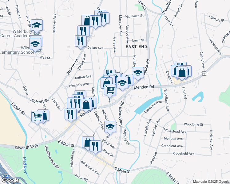 map of restaurants, bars, coffee shops, grocery stores, and more near 104 Store Avenue in Waterbury