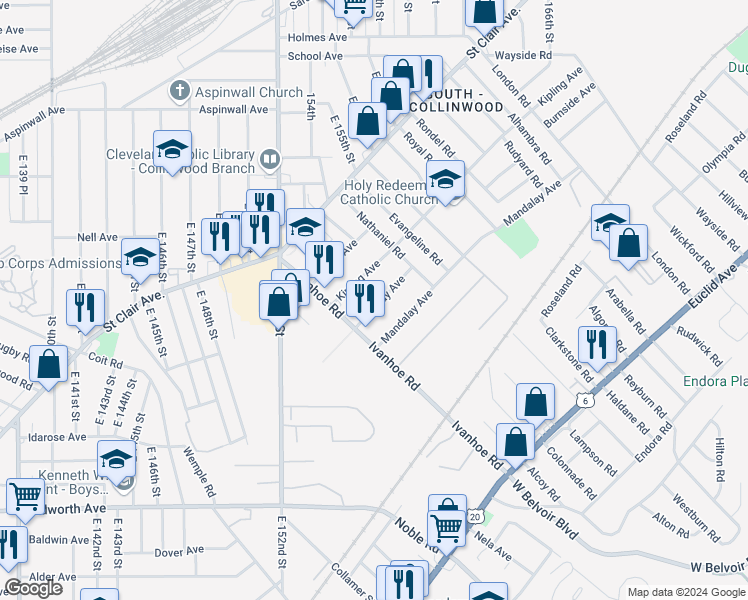 map of restaurants, bars, coffee shops, grocery stores, and more near 15624 Halliday Avenue in Cleveland