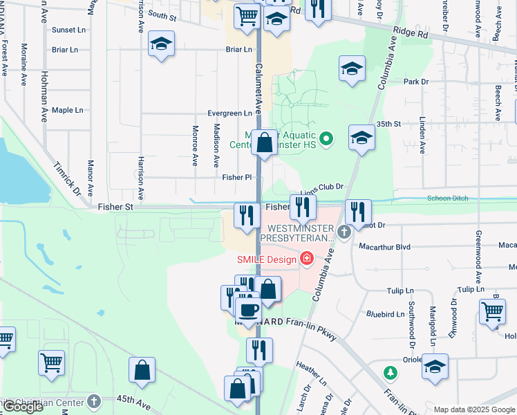 map of restaurants, bars, coffee shops, grocery stores, and more near Calumet Ave & Fisher St in Munster