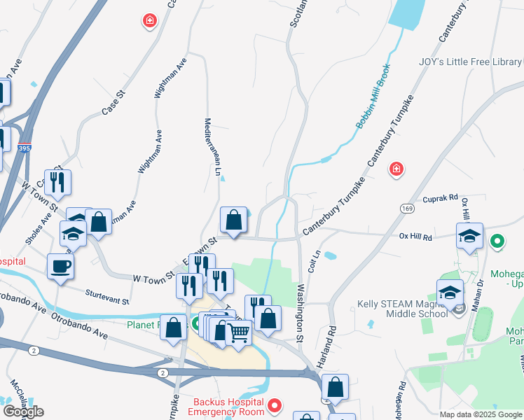 map of restaurants, bars, coffee shops, grocery stores, and more near 16 Huntington Lane in Norwich