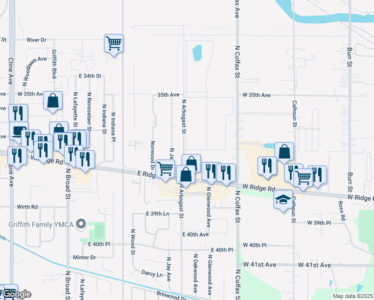 map of restaurants, bars, coffee shops, grocery stores, and more near 925 Reyome Drive in Griffith