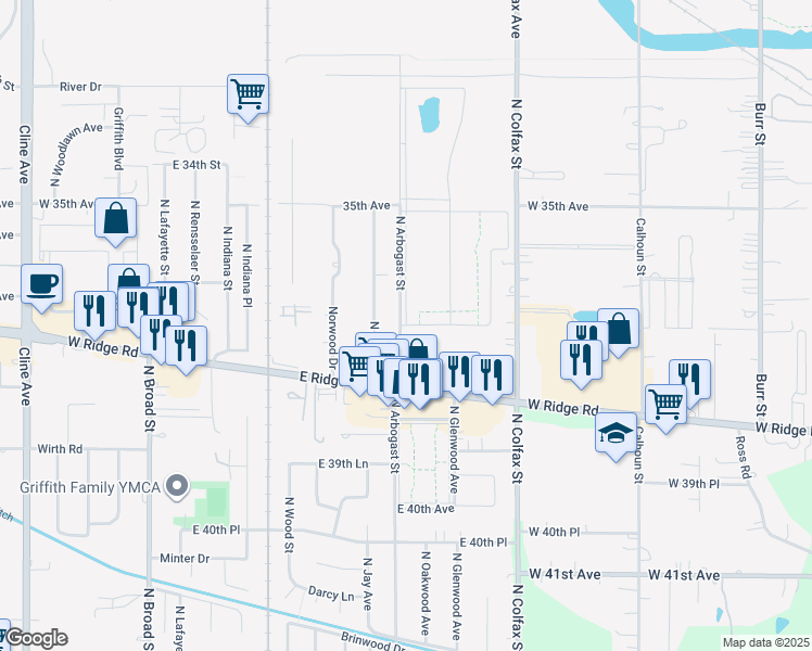 map of restaurants, bars, coffee shops, grocery stores, and more near 925 Reyome Drive in Griffith