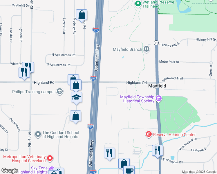 map of restaurants, bars, coffee shops, grocery stores, and more near 6434 Highland Road in Mayfield