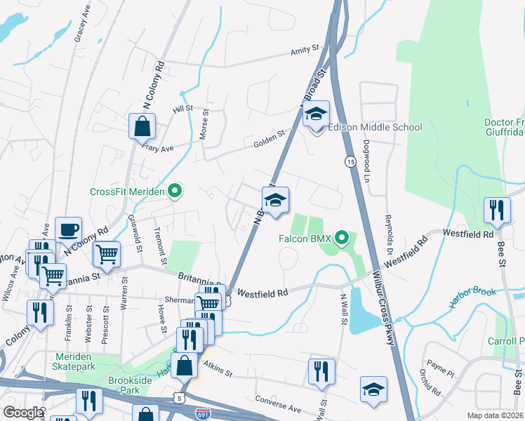 map of restaurants, bars, coffee shops, grocery stores, and more near N Broad St & Blackstone St in Meriden