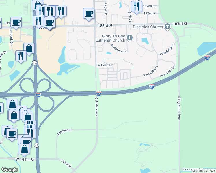 map of restaurants, bars, coffee shops, grocery stores, and more near 6761 Pine Lake Drive in Tinley Park