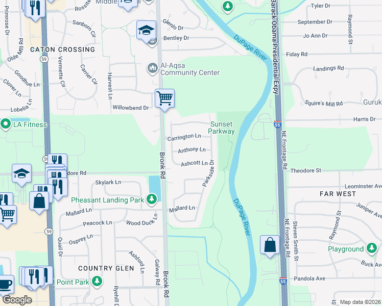 map of restaurants, bars, coffee shops, grocery stores, and more near 4303 Ashcott Lane in Plainfield