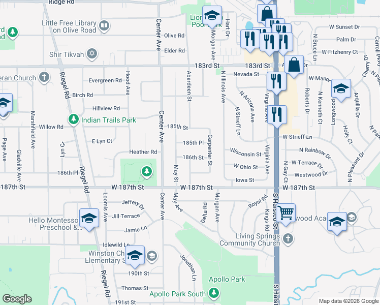 map of restaurants, bars, coffee shops, grocery stores, and more near 18602 Aberdeen Street in Homewood