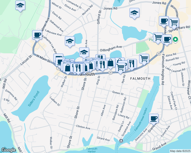 map of restaurants, bars, coffee shops, grocery stores, and more near 399 Main Street in Falmouth