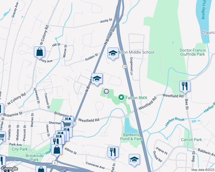 map of restaurants, bars, coffee shops, grocery stores, and more near 174 Robin Hill Road in Meriden