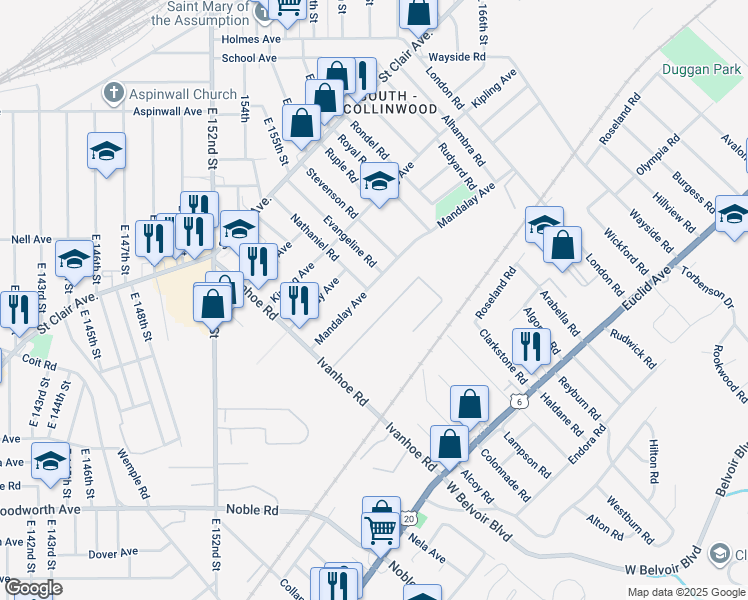 map of restaurants, bars, coffee shops, grocery stores, and more near 15798 Mandalay Avenue in Cleveland