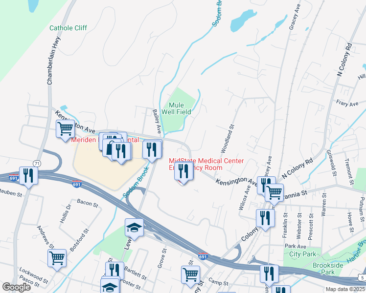 map of restaurants, bars, coffee shops, grocery stores, and more near 228 Kensington Avenue in Meriden