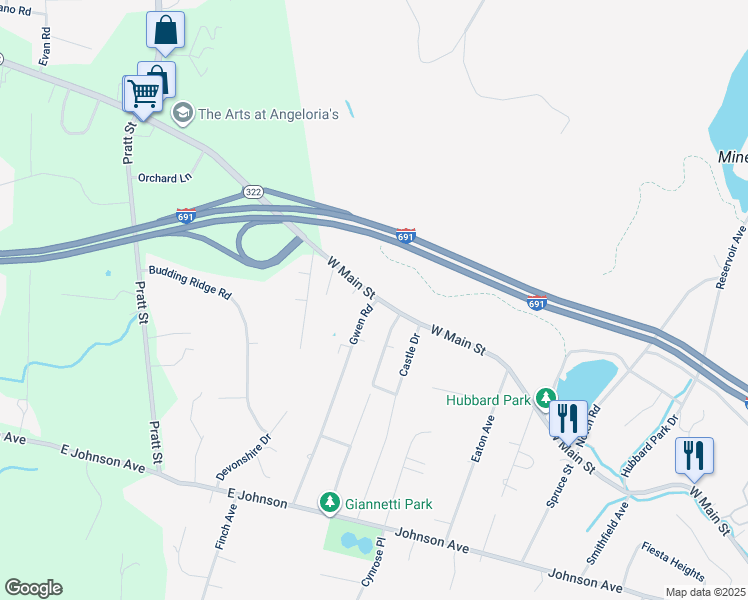 map of restaurants, bars, coffee shops, grocery stores, and more near 1264 West Main Street in Meriden