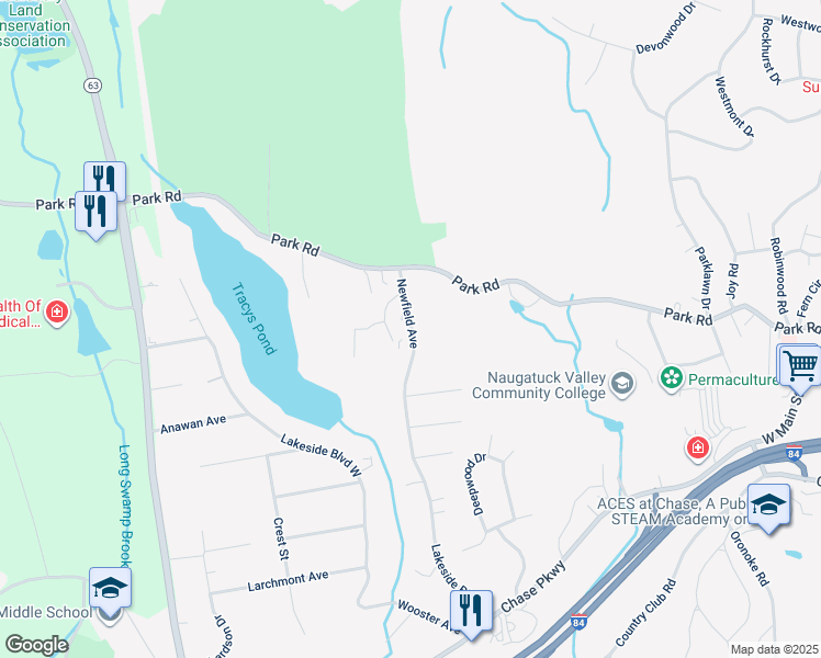 map of restaurants, bars, coffee shops, grocery stores, and more near 116 Newfield Avenue in Waterbury