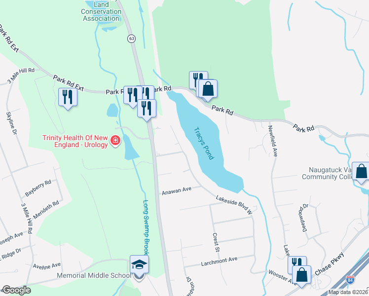 map of restaurants, bars, coffee shops, grocery stores, and more near 658 Lakeside Boulevard East in Waterbury