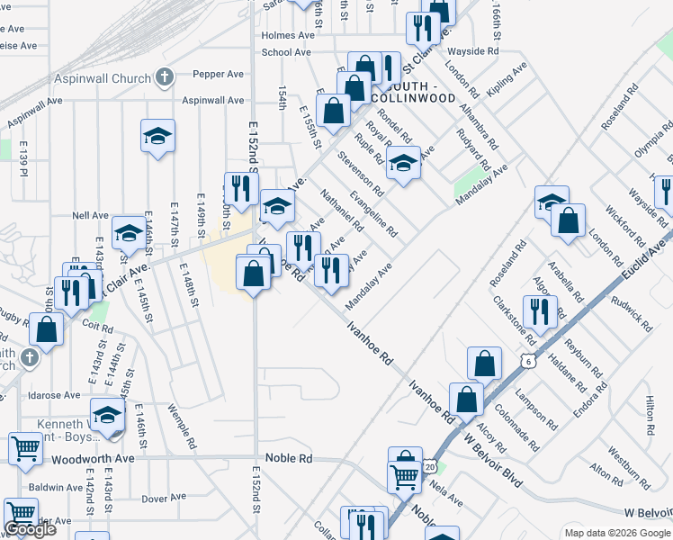 map of restaurants, bars, coffee shops, grocery stores, and more near 15624 Halliday Avenue in Cleveland