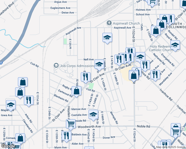 map of restaurants, bars, coffee shops, grocery stores, and more near 14339 Saint Clair Avenue in Cleveland