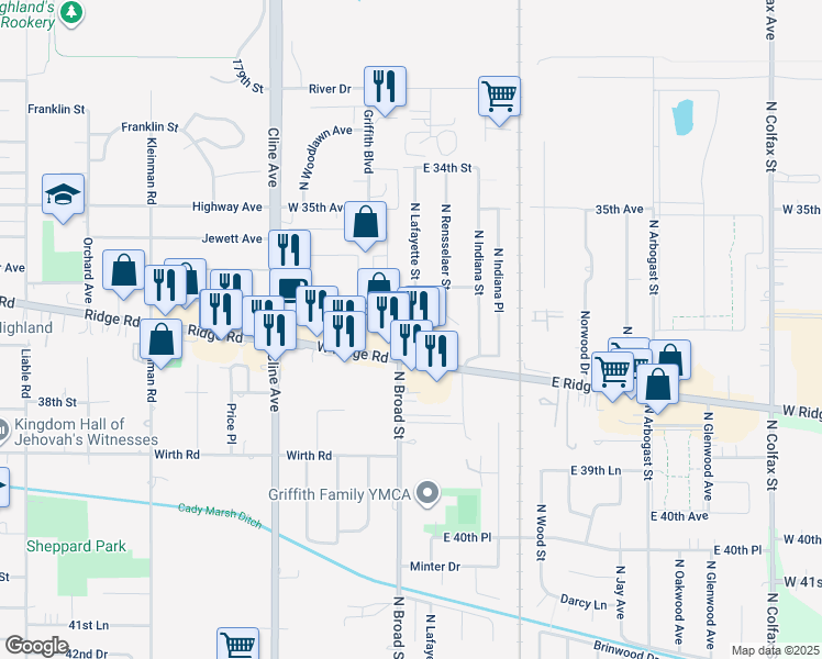 map of restaurants, bars, coffee shops, grocery stores, and more near 100 East Ridge Road in Griffith