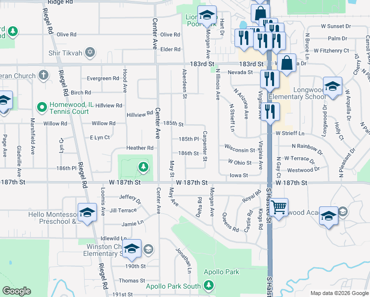 map of restaurants, bars, coffee shops, grocery stores, and more near 18602 Aberdeen Street in Homewood