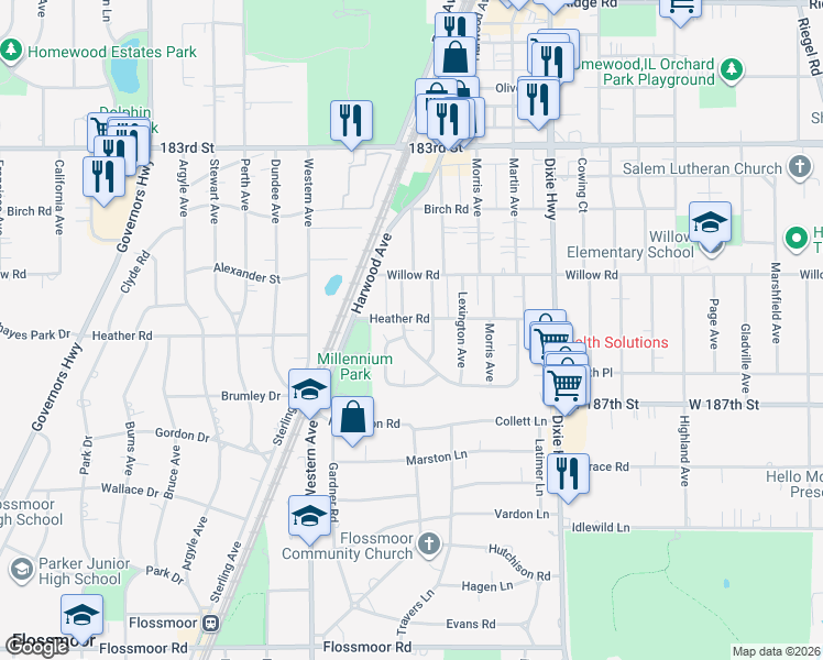map of restaurants, bars, coffee shops, grocery stores, and more near 18621 Palmer Circle in Homewood