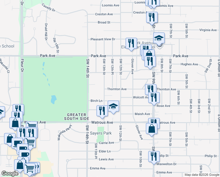 map of restaurants, bars, coffee shops, grocery stores, and more near 1220 Thornton Avenue in Des Moines