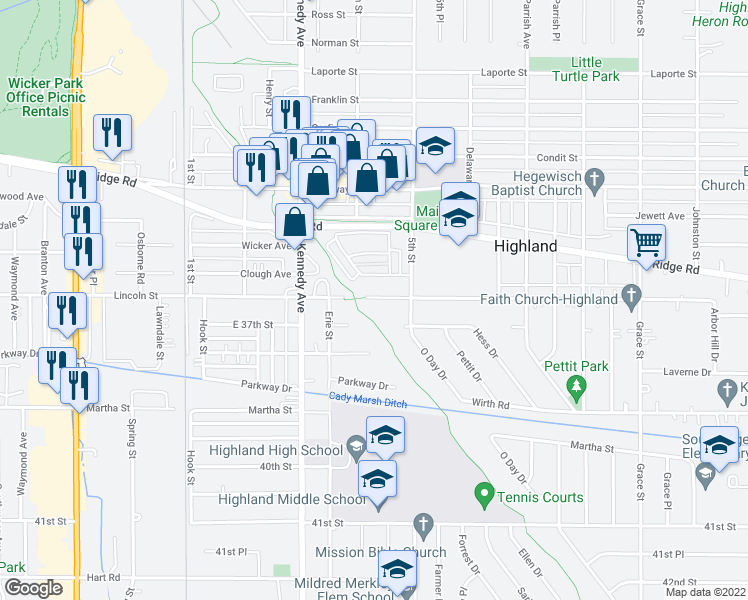 map of restaurants, bars, coffee shops, grocery stores, and more near 2916 Lincoln Street in Highland