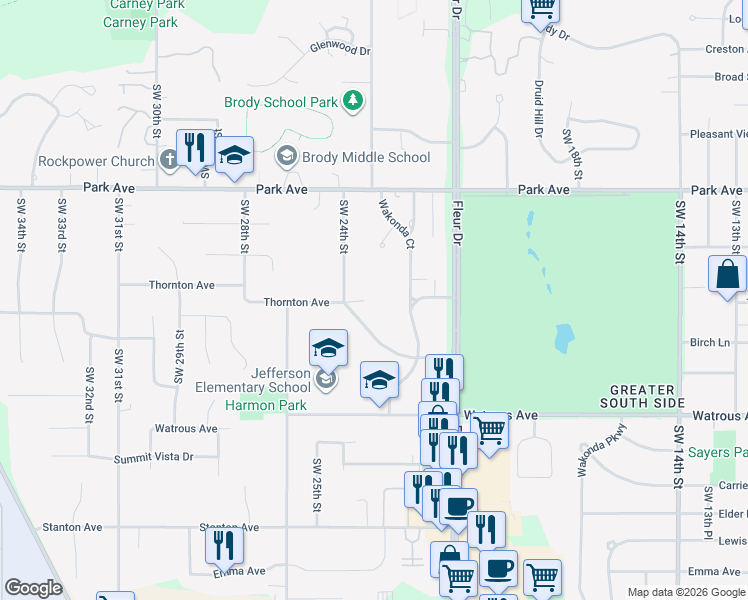 map of restaurants, bars, coffee shops, grocery stores, and more near 2300 Thornton Avenue in Des Moines