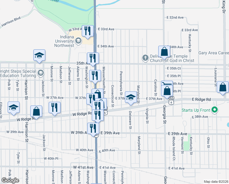map of restaurants, bars, coffee shops, grocery stores, and more near 3680 Connecticut Street in Gary