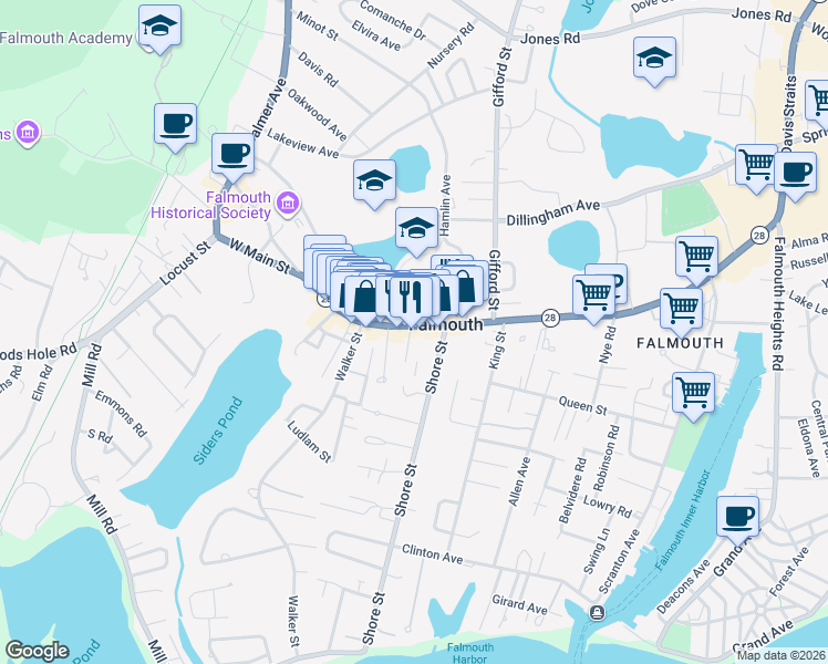 map of restaurants, bars, coffee shops, grocery stores, and more near 22 Cahoon Court in Falmouth