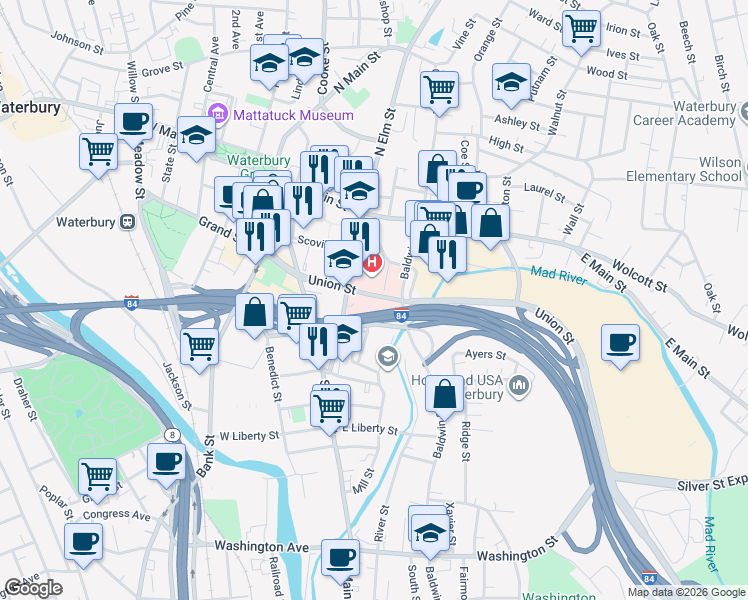 map of restaurants, bars, coffee shops, grocery stores, and more near 100 Union Street in Waterbury