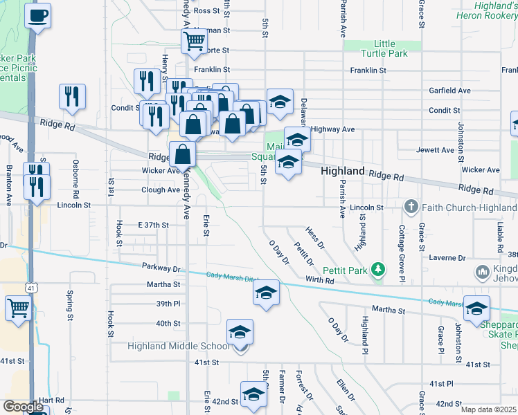 map of restaurants, bars, coffee shops, grocery stores, and more near in Highland